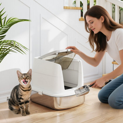 Pawhut Stainless Steel Litter BoxEnclosed Metal Cat Litter Tray With Scoop