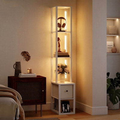 Homcom White Floor Lamp With Shelves, Led Standing Lamp With Fabric Drawer,