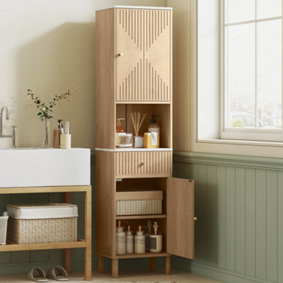 HOMCOM Bathroom Cabinet White Oak Tall Storage Drawer Adjustable Shelves 168 cm - Image 5