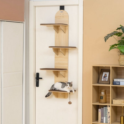 PAWHUT 4-Level Cat Tree Door Mounted with Washable Plush Pads, Toy Ball in Light Oak - Image 5