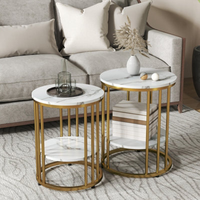 Homcom Gold Marble-Effect Round Coffee Table Set Of 2 For Living Room, Tone - Image 10
