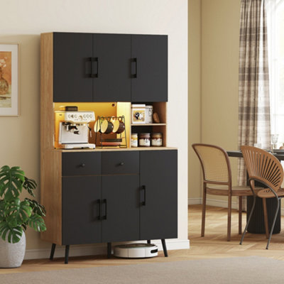 HOMCOM Kitchen Cupboard with LED Lighting - Black and Oak - 6 Doors - Image 4