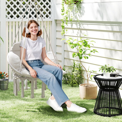 B&Q -  Hammock ChairBoho Hanging Swing Chair With CushionCream White
