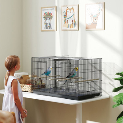 Pawhut Bird Cage With Divider, 4 Wooden Perches, Slide Out Tray, Black