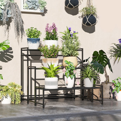 Outsunny 3-Tier Metal Plant StandModern Ladder Shelf For GardenBlack from B&Q