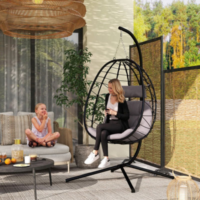 Outsunny Garden Egg Chair Outdoor Hanging Swing Chair, Folding Basket, Grey