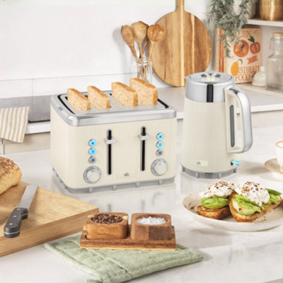 Homcom 1.7L 3000W Rapid Boil Kettle And 4 Slice Toaster Set Crumb Tray Cream