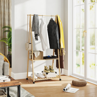 Homcom Bamboo Clothes Rail Rack With 2 Storage Shelves, Natural - Image 6