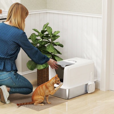 PawHut Grey Stainless Steel Cat Litter Box - Removable Lid & Scoop - White - Under 6kg Cats - Image 5