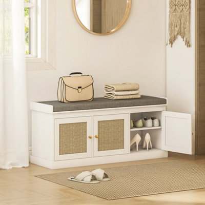 B&Q -  Shoe Storage Bench With Rattan DoorsCushionEntryway Shoe Bench