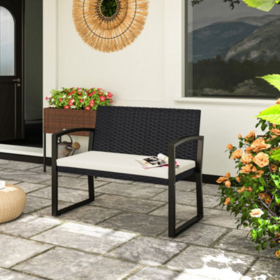 B&Q -  2 Seater Rattan Garden Bench With CushionSteel FrameBlack