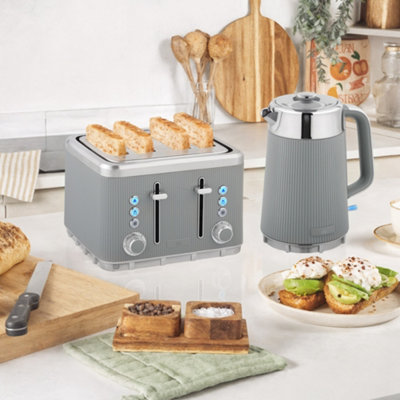 Homcom 1.7L 3000W Rapid Boil Kettle And 4 Slice Toaster Set Crumb Tray Taupe
