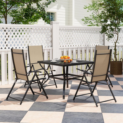Outsunny 5 Pcs Garden Dining Set, Folding Chairs And Metal Top Table, Khaki