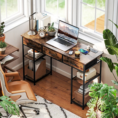 Homcom Brown Computer Writing Desk With Power Outlets, Drawers, Shelves,