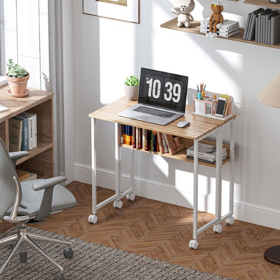B&Q -  80 Cm Foldable Computer Desk On Wheels For Small Spaces Natural