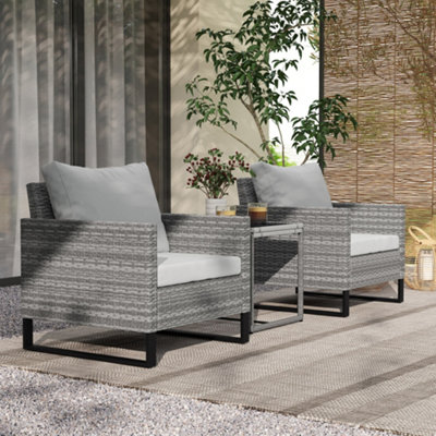 B&Q -  3Pcs Rattan Bistro Set Glass Top Table And Chairs With 4 Cushions Grey