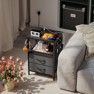 Homcom Black Slim Side Table With Charging Station, Bedside Table,