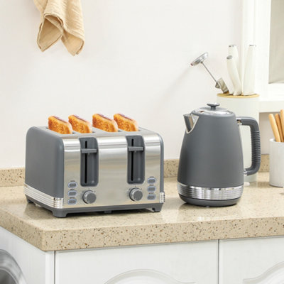 Homcom Unisex Grey 1.7L 3000W Quick Boil Kettle And 4 Slice Toaster Set Crumb Tray In - Image 6