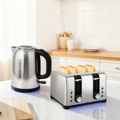 Homcom Black/Silver 4 Slice Wide Slot Toaster And 1.7L Rapid Boil Kettle Set, - Tone - Image 4