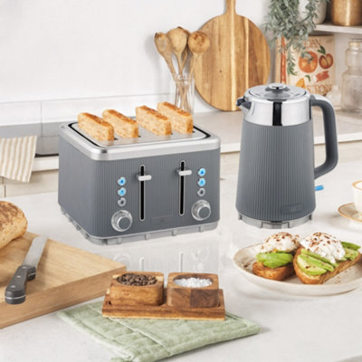 Homcom Grey 3000W Rapid Boil Kettle And 4 Slice Toaster Set Crumb Tray 1.7L