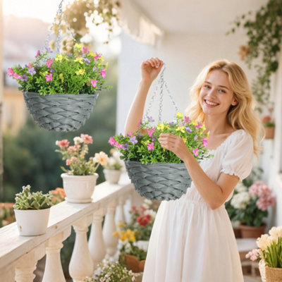 B&Q -  Set Of 2 Artificial Cosmos FlowersHanging Planters With Basket