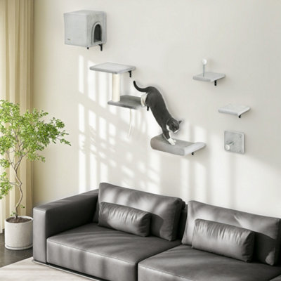 B&Q -  6-Piece Cat Wall Furniture Set With Platforms Sisal Post Bed Toy Grey