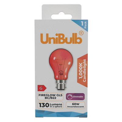 Unibulb B22 Gls 60W 1000K Fireglow Red Light BulbPack Of 1 from B&Q
