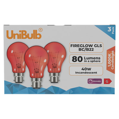Unibulb B22 Gls 40W 1000K Fireglow Red Light BulbPack Of 3 from B&Q