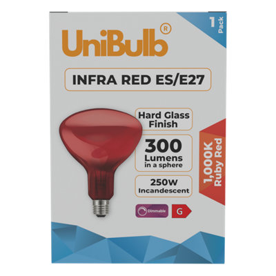 Unibulb Red/Light Infra E27 300Lm 250W 2000K Ruby Heater Lamp Bulb - Pack Of Size 1 B&Q