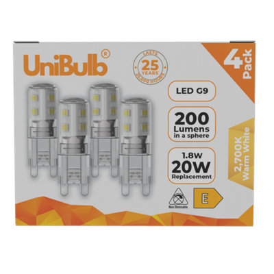 Unibulb Led G9 200Lm 1.8W (Replaces 20W) 2700K (Warm White) Capsule Light BulbPack Of 4 from B&Q