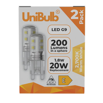 Unibulb Led G9 200Lm 1.8W (Replaces 20W) 2700K (Warm White) Capsule Light BulbPack Of 2 from B&Q