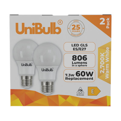 Unibulb Led Gls E27 (Es) 806Lm 7.3W (Replaces 60W) 2700K (Warm White) Light BulbPack Of 2 from B&Q
