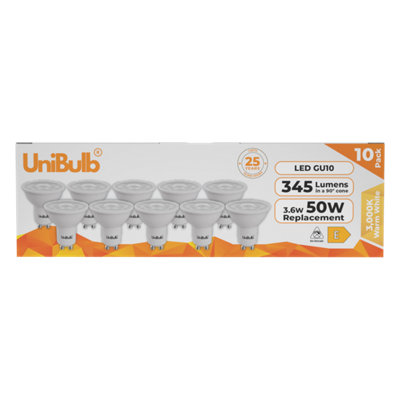 Unibulb Led Gu10 345Lm 3.6W (Replaces 50W) 3000K (Warm White) Spotlight Downlight Light BulbPack Of 10 from B&Q