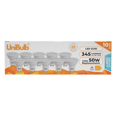 Unibulb Led Gu10 345Lm 3.6W (Replaces 50W) 6500K (Daylight) Spotlight Downlight Light BulbPack Of 10 from B&Q