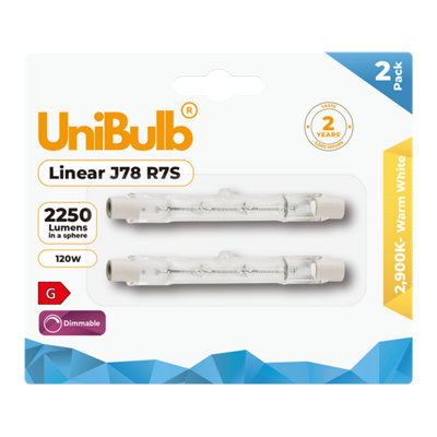Unibulb Halogen 78mm R7S Linear 2250Lm 120W 2900K (Warm White) Dimmable Light Bulb For Floodlight & Work LampsPack Of 2 from B&Q