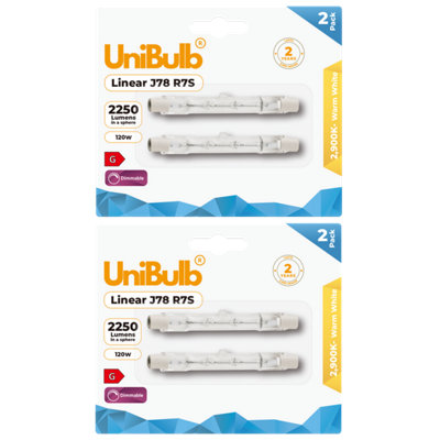 Unibulb Halogen 78mm R7S Linear 2250Lm 120W 2900K (Warm White) Dimmable Light Bulb For Floodlight & Work LampsPack Of 4 from B&Q