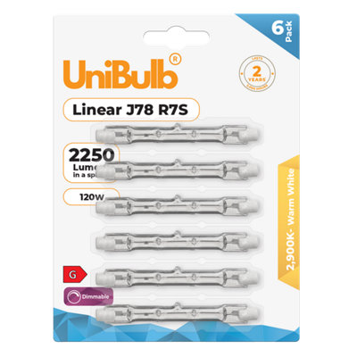 Unibulb Halogen 78mm R7S Linear 2250Lm 120W 2900K (Warm White) Dimmable Light Bulb For Floodlight & Work LampsPack Of 6 from B&Q