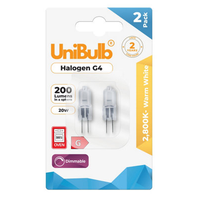 Unibulb Halogen G4 200Lm 20W 2800K (Warm White) Capsule Dimmable Light Bulbs For ChandeliersLamps& OvensPack Of 2 from B&Q