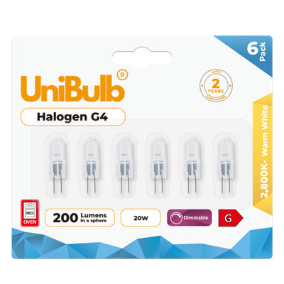 Unibulb Halogen G4 Capsule 200Lm 20W 2800K (Warm White) Dimmable Light Bulb For OvensLamps& ChandeliersPack Of 6 from B&Q