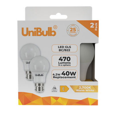 B&Q -  Led Gls B22 (Bc) 470Lm 4.2W (Replaces 40W) 2700K (Warm White) Light BulbPack Of 2