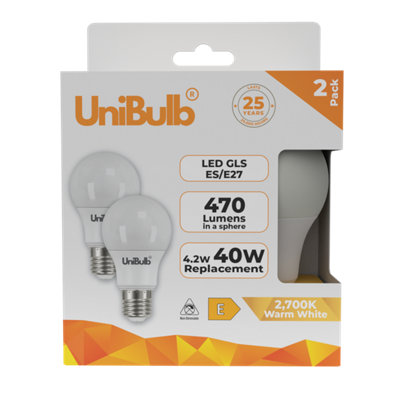 B&Q -  Led Gls E27 (Es) 470Lm 4.2W (Replaces 40W) 2700K (Warm White) Light BulbPack Of 2
