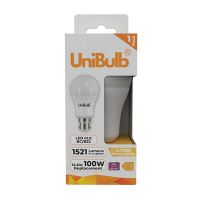 Unibulb Led Gls B22 Bayonet Cap (Bc) 1521Lm 12.6W (Replaces 100W) 2700K (Warm White) Dimmable Light BulbPack Of 1 from B&Q