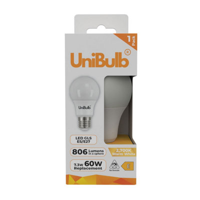 Unibulb Led Gls E27 (Es) 806Lm 7.3W (Replaces 60W) 2700K (Warm White) Light BulbPack Of 1 from B&Q