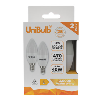Unibulb White/Light Led Candle E14 (Ses) 470Lm 4.2W 3000K (Warm ) Bulb - Pack Of 2 Size 4