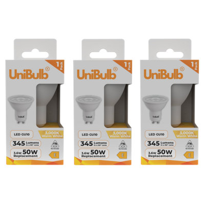Unibulb Led Gu10 345Lm 3.6W (Replaces 50W) 3000K (Warm White) Spotlight Downlight Light BulbBox Of 3 from B&Q