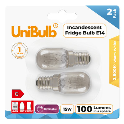 2X Unibulb Pygmy E14 100Lm 15W 2800K (Warm White) Incandescent Dimmable Light Bulbs For FridgeFreezerOven& Salt Lamps from B&Q