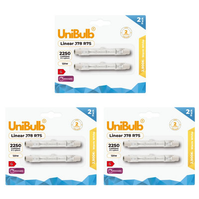 Unibulb Halogen 78mm R7S J78 Linear 2250Lm 120W 2900K Warm White Dimmable Light Bulb For Floodlights & Security LightsPack Of 6 from B&Q
