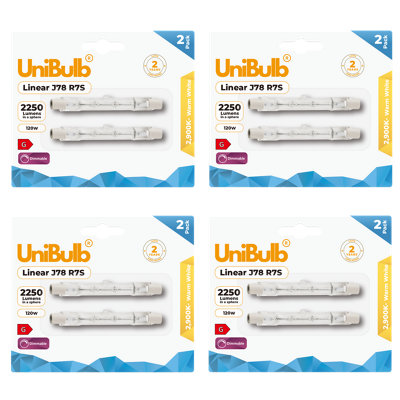 Unibulb Halogen 78mm R7S Linear 2250Lm 120W 2900K (Warm White) Dimmable Light Bulb For Floodlight & Work LampsPack Of 8 from B&Q
