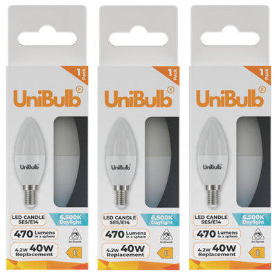Unibulb Led Candle E14 (Ses) 470Lm 4.2W (Replaces 40W) 6500K (Daylight) Light BulbPack Of 3 from B&Q