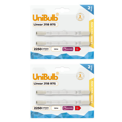 Unibulb Halogen 118mm R7S Linear 2250Lm 120W 2900K (Warm White) Dimmable Light Bulb For Floodlight & Work LampsPack Of 4 from B&Q